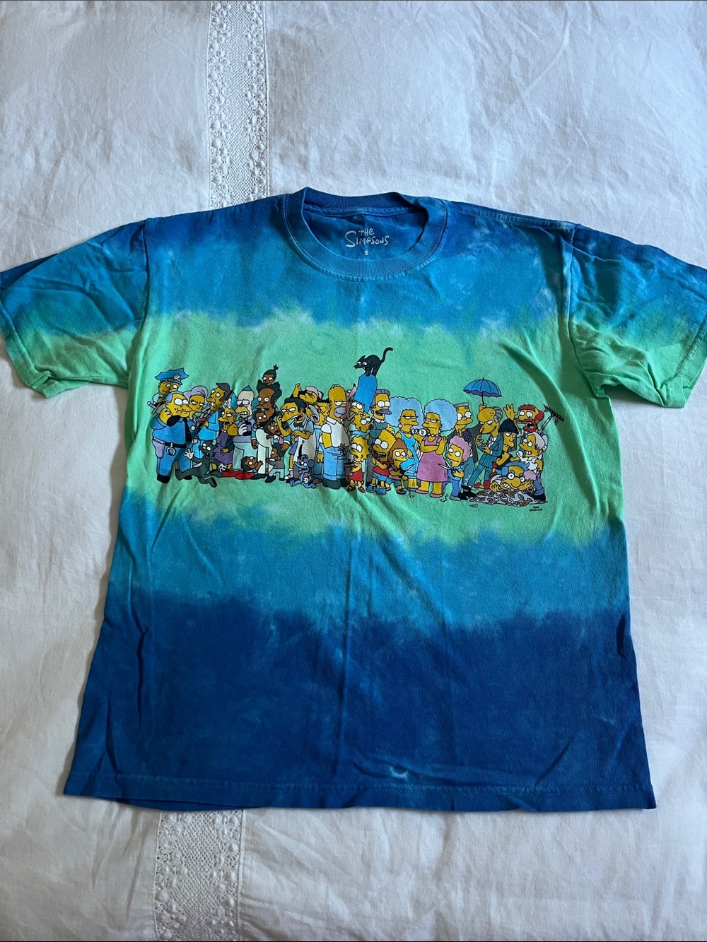 The Simpsons Characters Blue & Green Tie Dyed Cotton T-Shirt, Size Small
